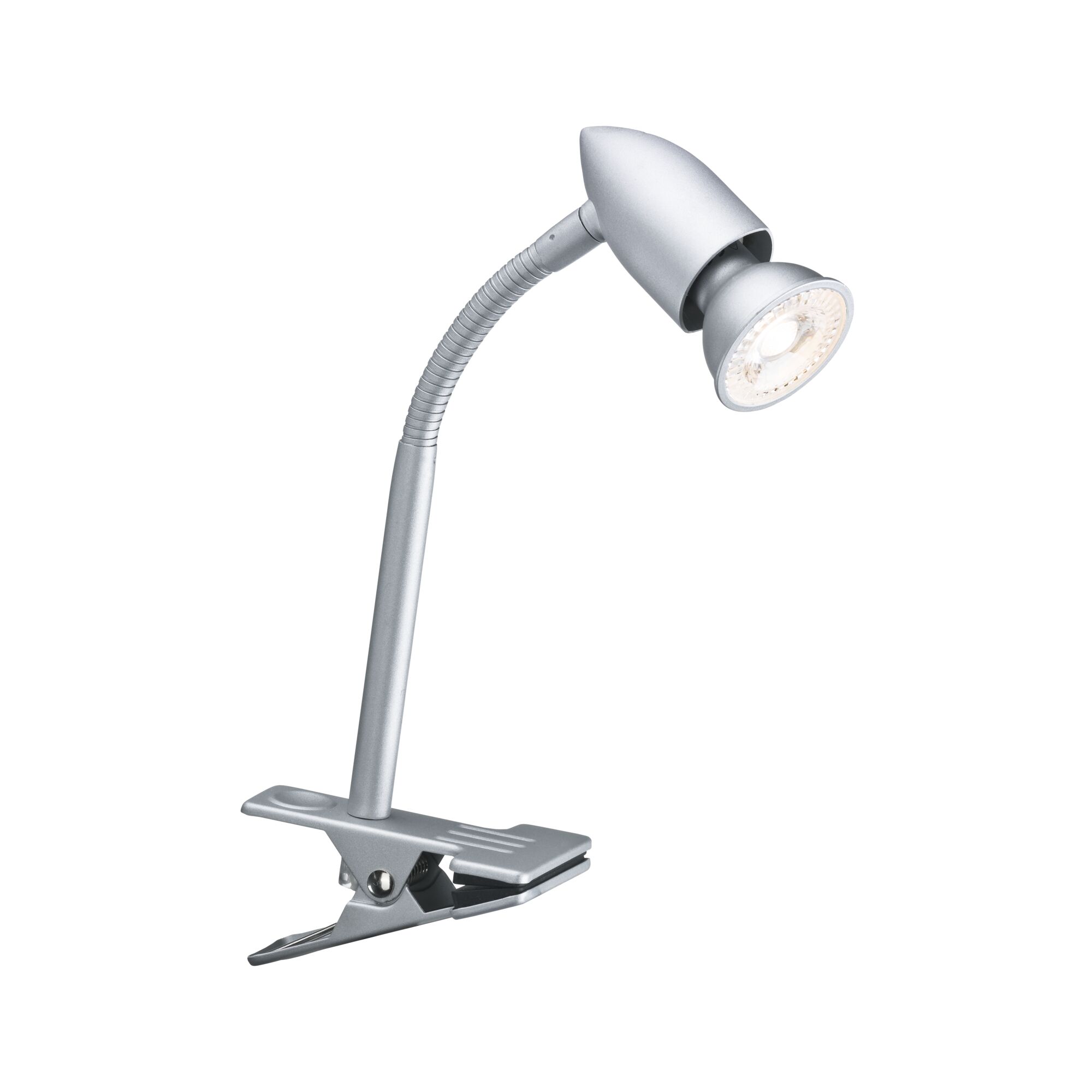 Lampe LED à pince en métal argenté avec col flexible pour un éclairage ciblé au bureau