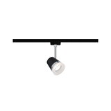 Black metal LED spotlight with white light ring on black track for modern lighting solutions