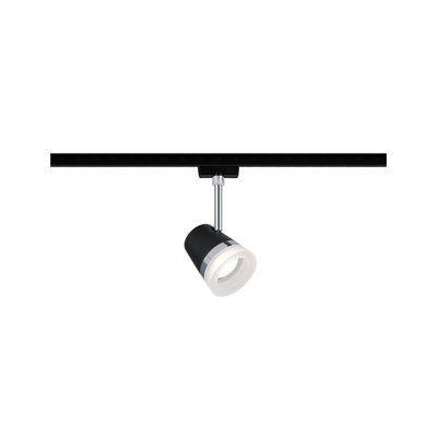 Black metal LED spotlight with white light ring on black track for modern lighting solutions