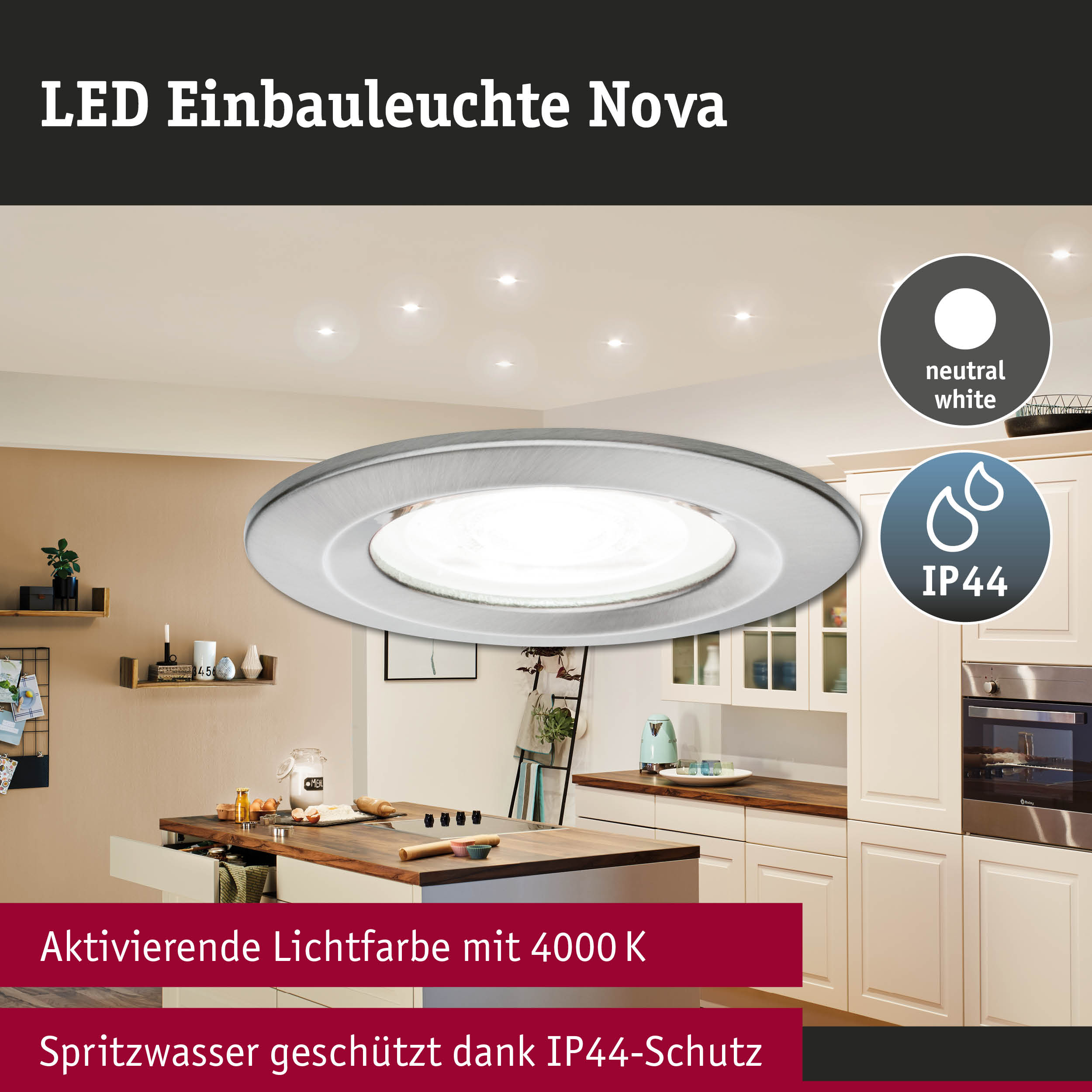 LED Einbauleuchte Nova aus Metall in Silber mit neutralweißem Licht und IP44 Spritzwasserschutz