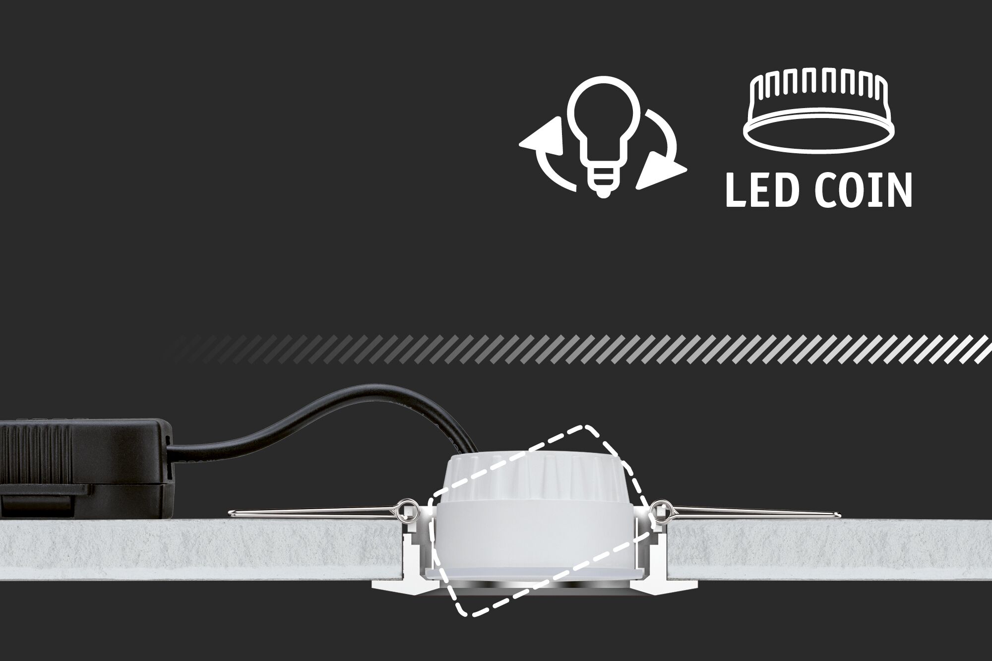 Spot encastré LED Coin blanc avec tête pivotante et câble noir pour éclairage de plafond moderne