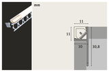Technical drawing of aluminum LED profile measuring 11x11 mm for LED lighting installation.