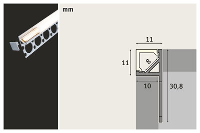 Technical drawing of aluminum LED profile measuring 11x11 mm for LED lighting installation.