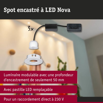 Spot encastré LED Nova blanc modulaire avec profondeur d'encastrement de 50 mm et pastille LED remplaçable