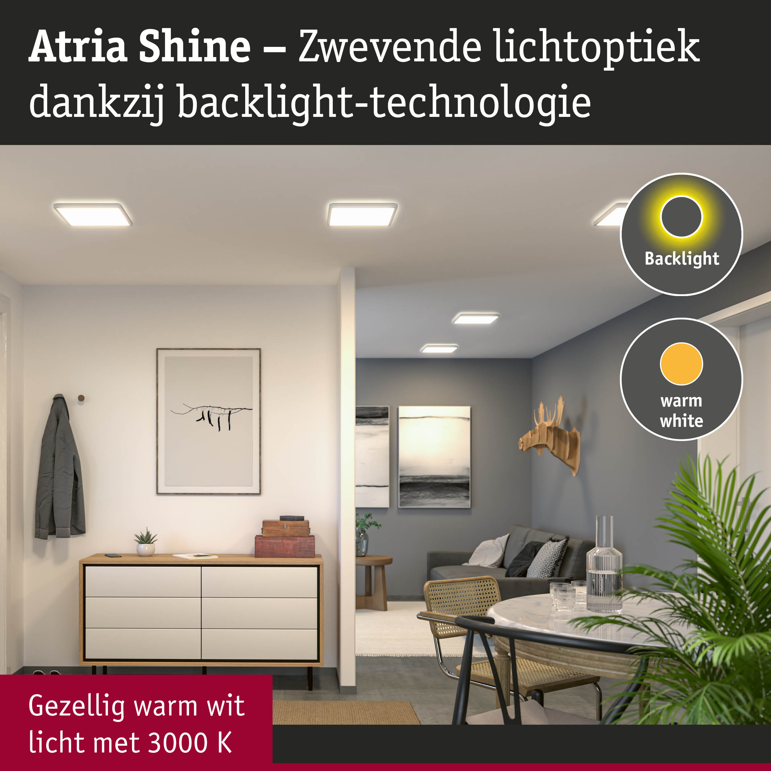 Moderne woonruimte met Atria Shine LED-plafondlampen in warm wit licht met backlight-technologie