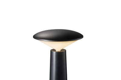 Modern black LED table lamp with conical shade and warm white light for living spaces.