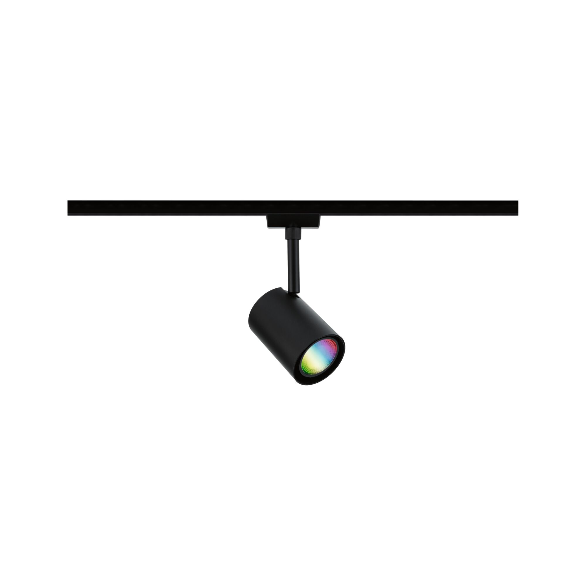 Black metal LED spotlight on track system with multicolor light for versatile room lighting