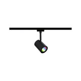 Black metal LED spotlight on track system with multicolor light for versatile room lighting