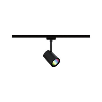 Black metal LED spotlight on track system with multicolor light for versatile room lighting