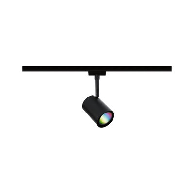 Schwarzer LED-Spot aus Metall an Schienensystem mit mehrfarbigem Licht für flexible Raumbeleuchtung