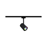 Schwarzer LED-Spot aus Metall an Schienensystem mit mehrfarbigem Licht für flexible Raumbeleuchtung