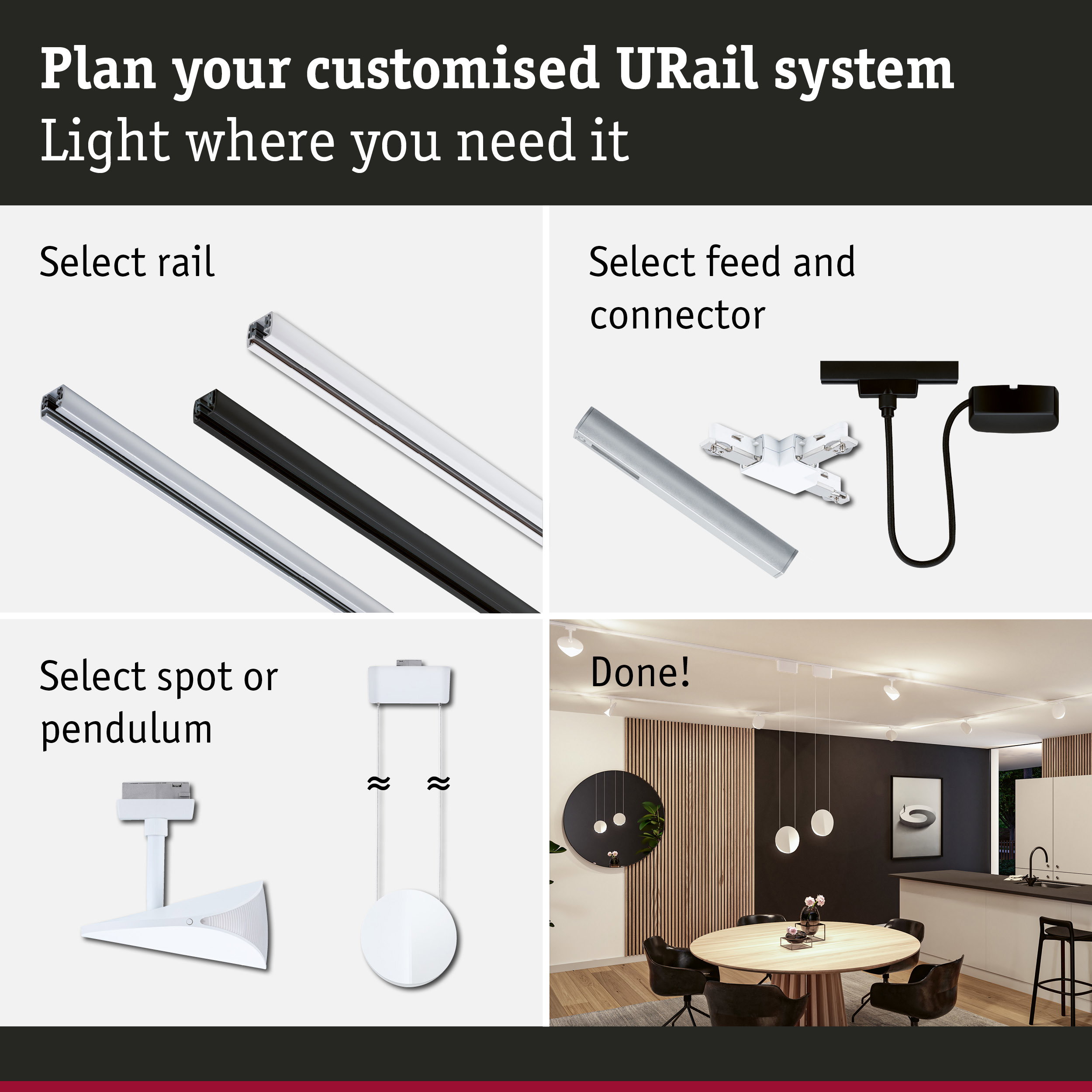 Guide to planning URail aluminium rail system with connectors and LED spot or pendulum lights