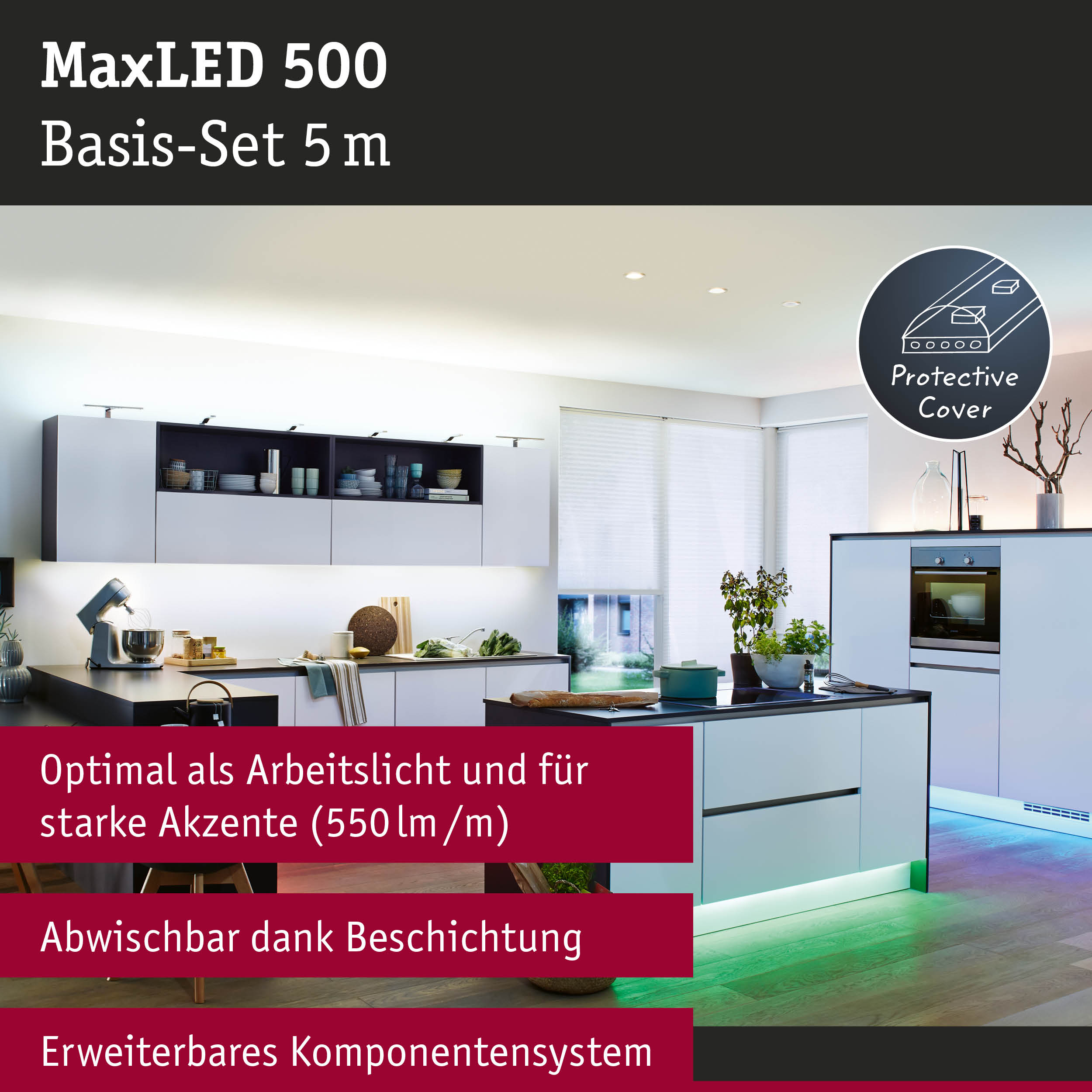 Moderne Küche mit MaxLED 500 LED-Lichtleiste in Weiß, energiesparende Beleuchtung für Arbeitsflächen