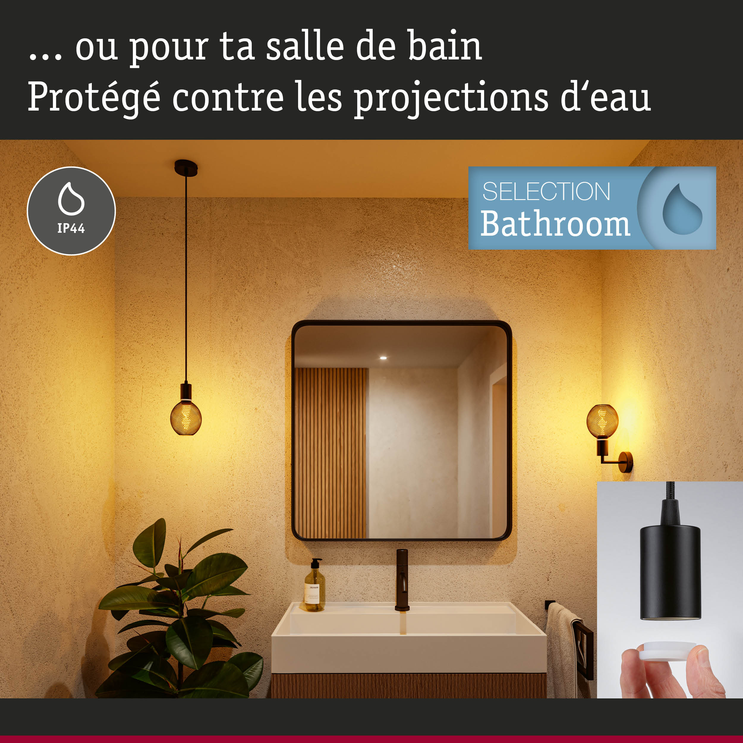 Éclairage de salle de bain moderne avec protection IP44 contre les éclaboussures, suspension et applique noire