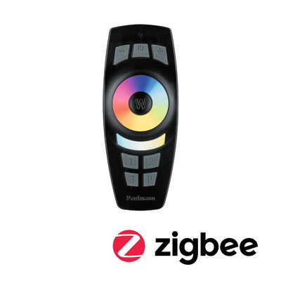 Zwarte Paulmann afstandsbediening met kleurenwiel en Zigbee-logo voor slimme lichtbediening