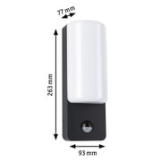 Black wall light with white plastic shade and motion sensor, size 263x93x77 mm, LED outdoor lamp