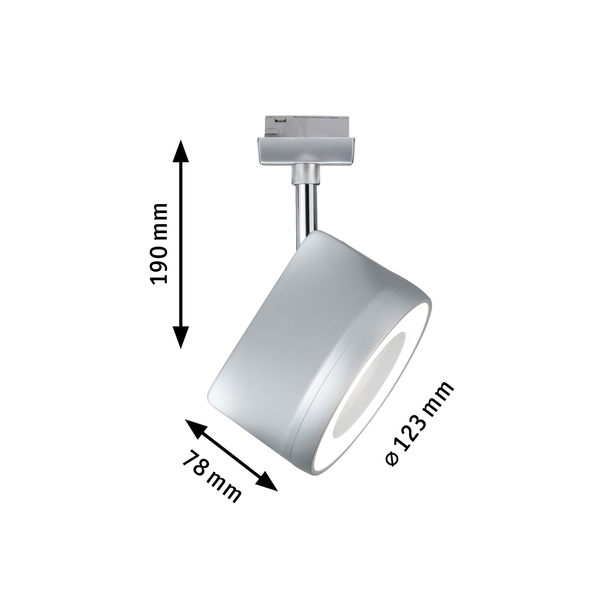 Silver metal LED spotlight with 123 mm diameter and 190 mm height for modern indoor lighting