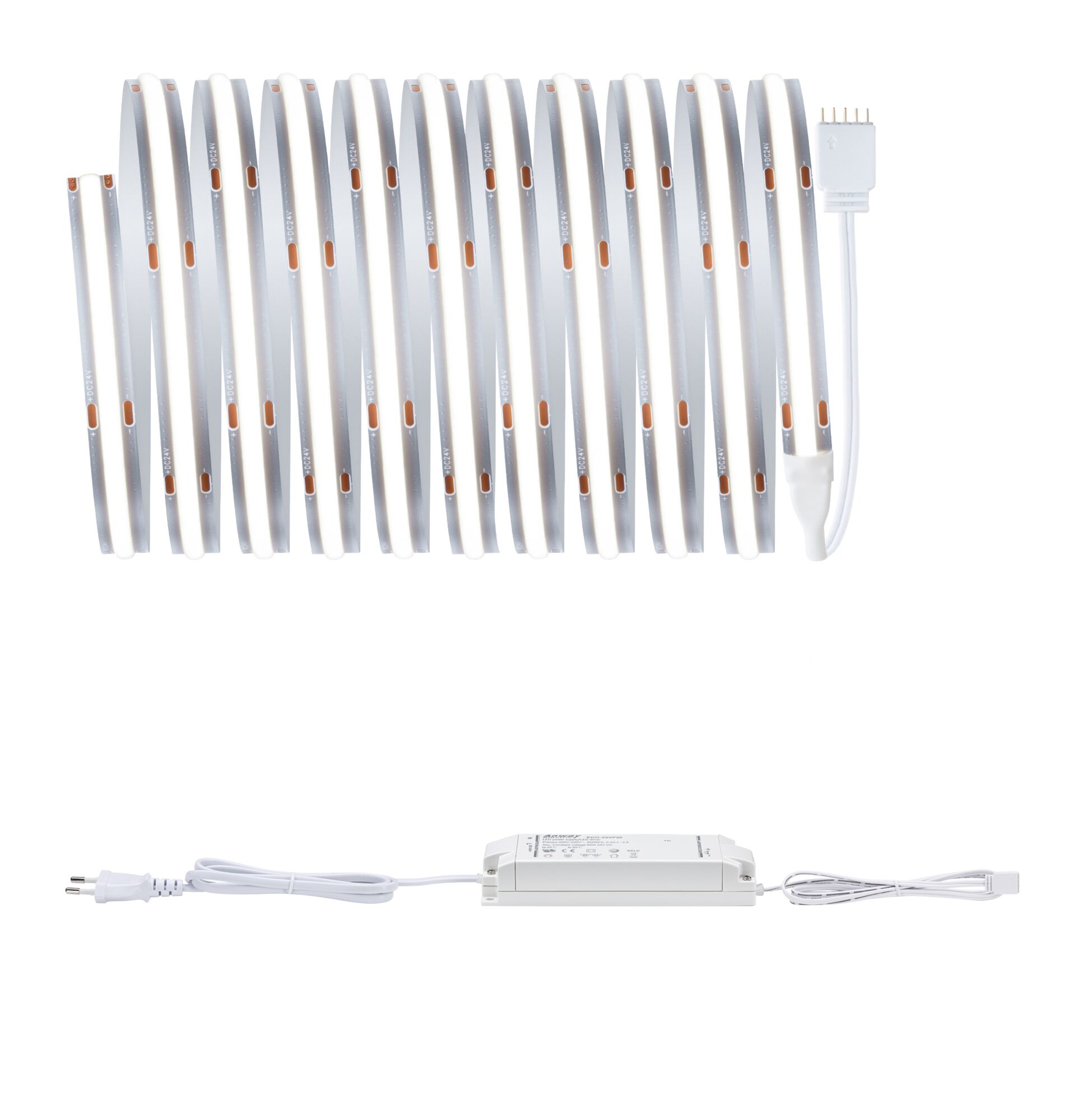 Bande LED blanche avec alimentation et câble de connexion pour solutions d'éclairage flexibles.