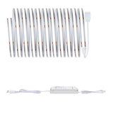 White LED strip light with power supply and connector cable for versatile lighting setups.