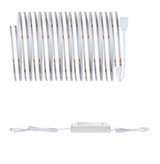 White LED strip light with power supply and connector cable for versatile lighting setups.