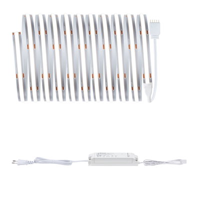 White LED strip light with power supply and connector cable for versatile lighting setups.