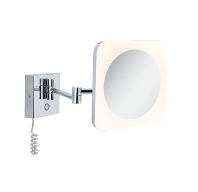 Adjustable wall mirror with LED light and chrome arm for precise makeup and shaving.