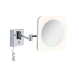 Adjustable wall mirror with LED light and chrome arm for precise makeup and shaving.