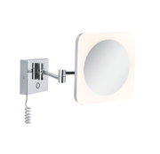 Wall-mounted cosmetic mirror with LED light and chrome metal arm for bathroom or vanity use