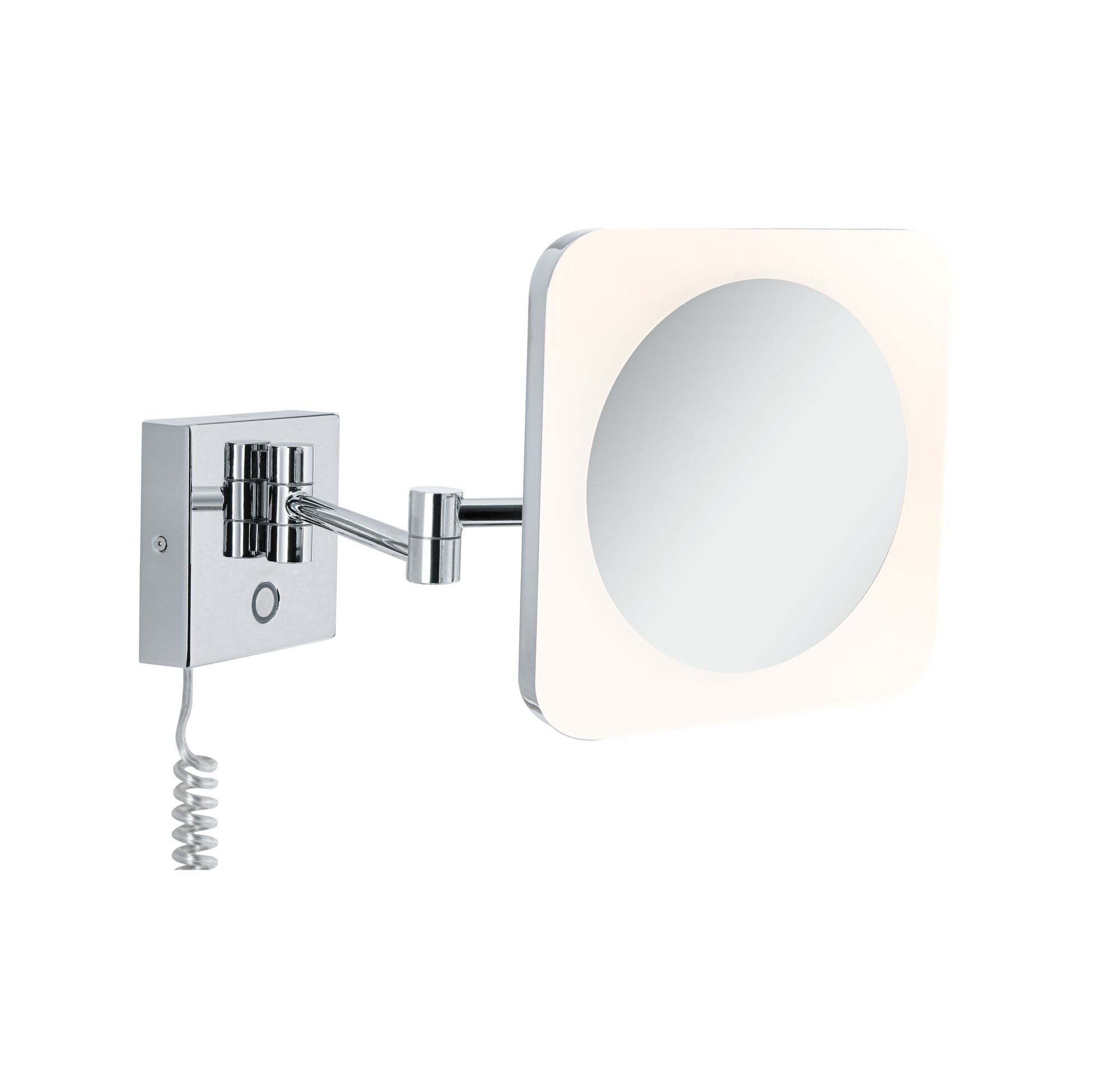 Wandgemonteerde cosmeticaspiegel met LED-verlichting en verchroomde metalen arm voor badkamer
