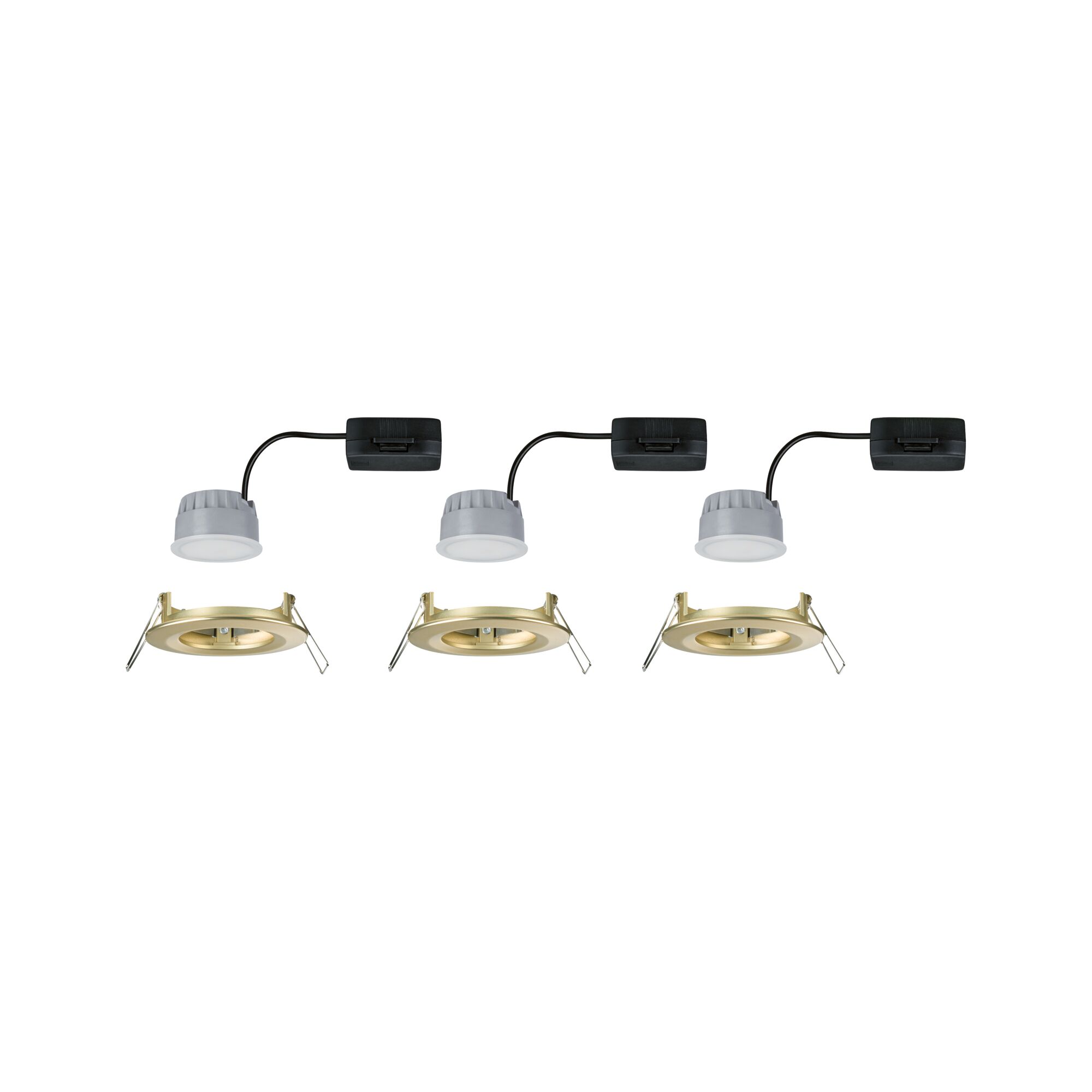 Drei goldfarbene Einbaustrahler aus Metall mit grauen LED-Modulen und schwarzem Anschlusskabel.