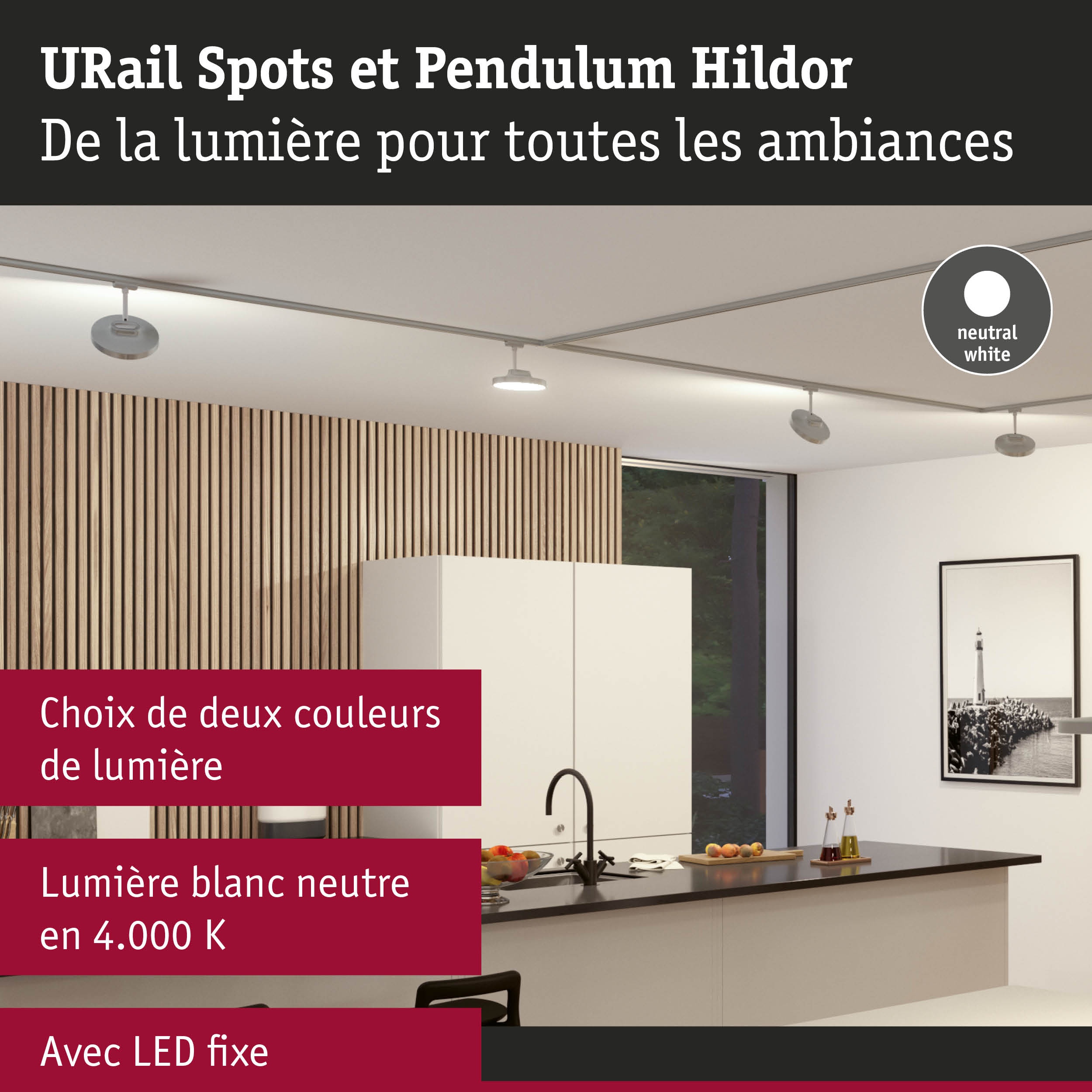 Luminaires LED blancs modernes URail Spots et Pendulum Hildor avec lumière blanc neutre 4000K
