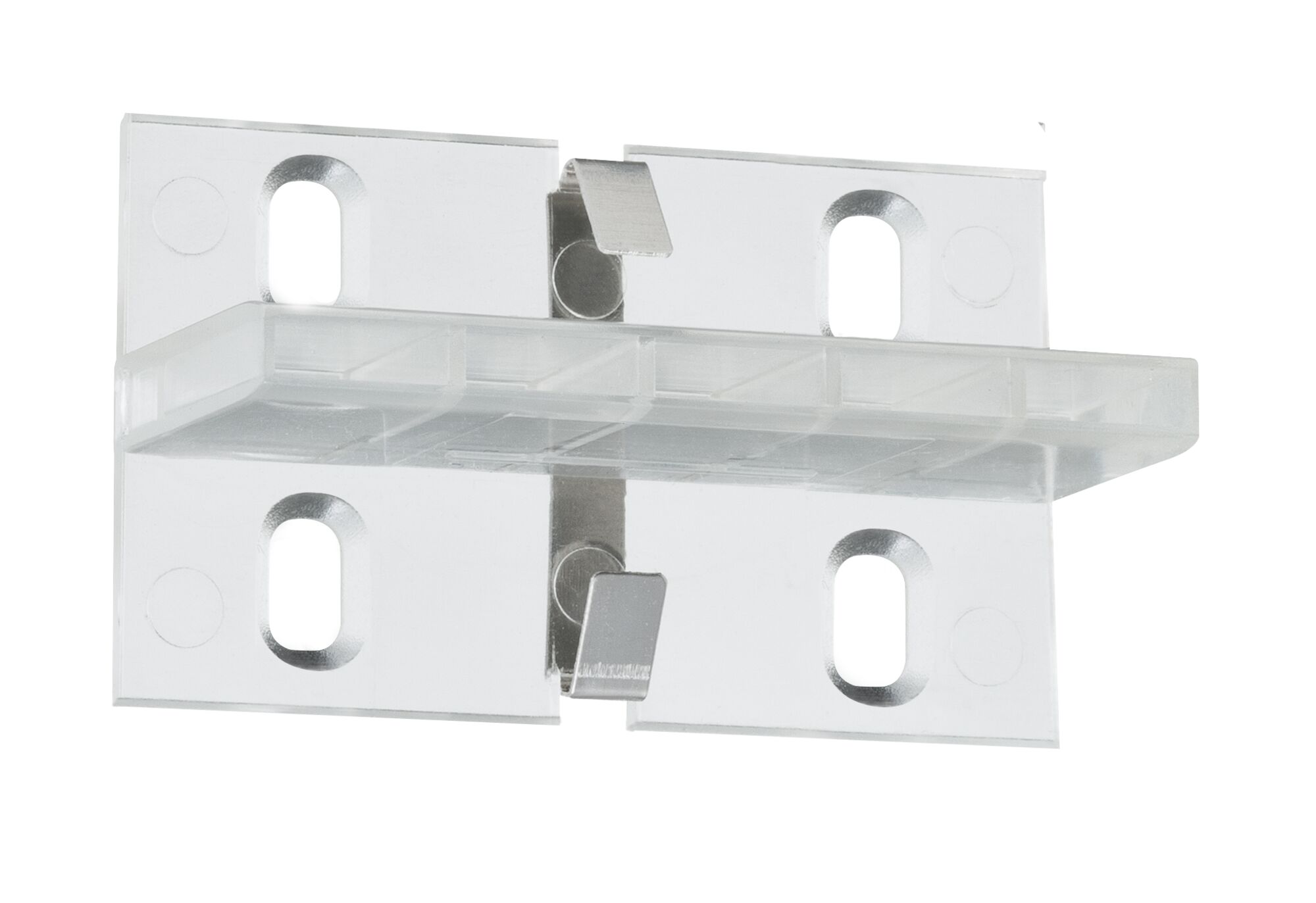 Transparent plastic bracket with metal clips and mounting holes for LED strip installation