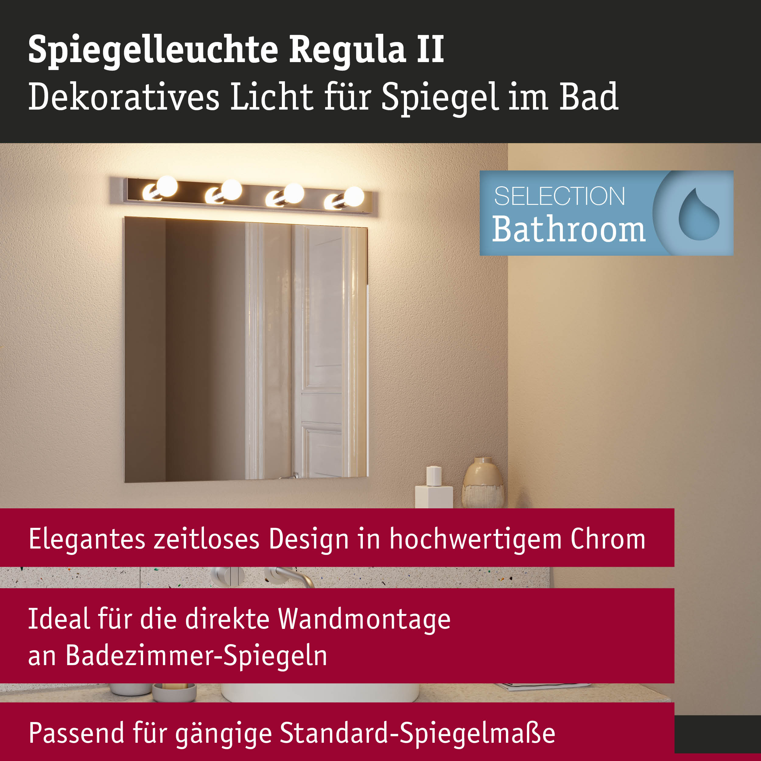 Set Spiegelleuchte Regula II inkl. Leuchtmittel 4-flammig IP44 E14 2700K 4x470lm 230V 4x4,5W dimmbar Chrom/Opal