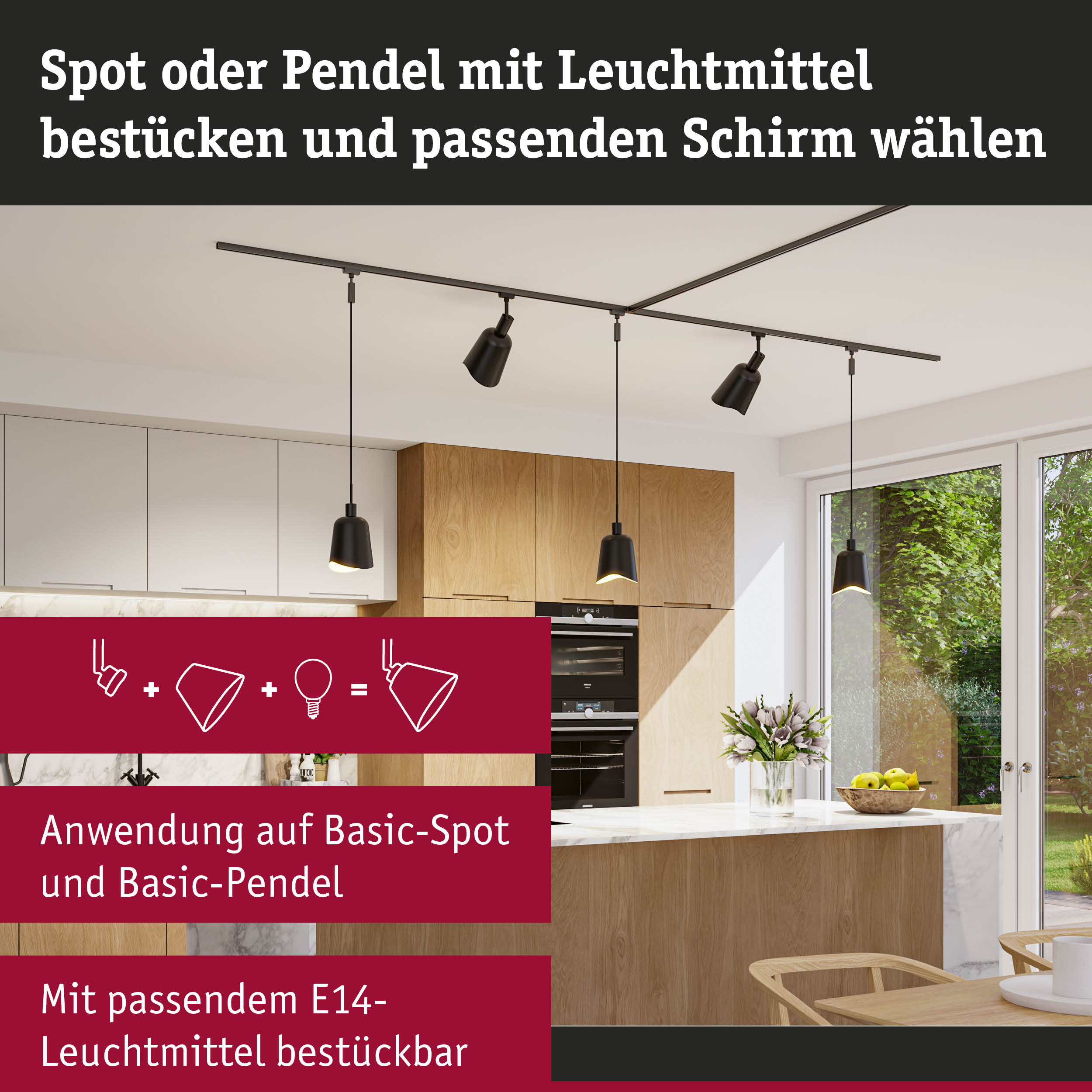 Moderne schwarze Pendelleuchten und Spots an Schienensystem in heller Küche mit Holzfronten