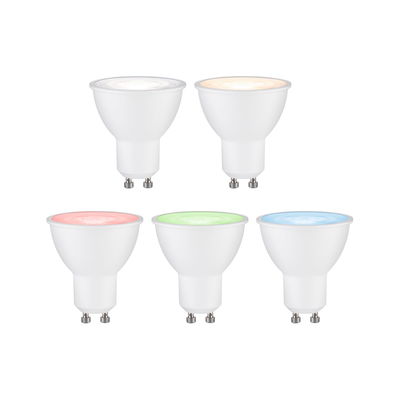 Five white GU10 LED bulbs with different color temperatures and RGB colors for smart lighting.