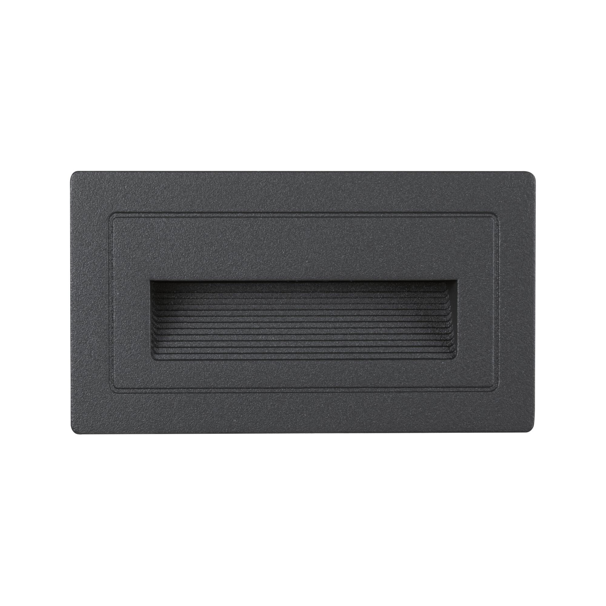 Black square metal LED wall light with ribbed diffuser designed for outdoor lighting
