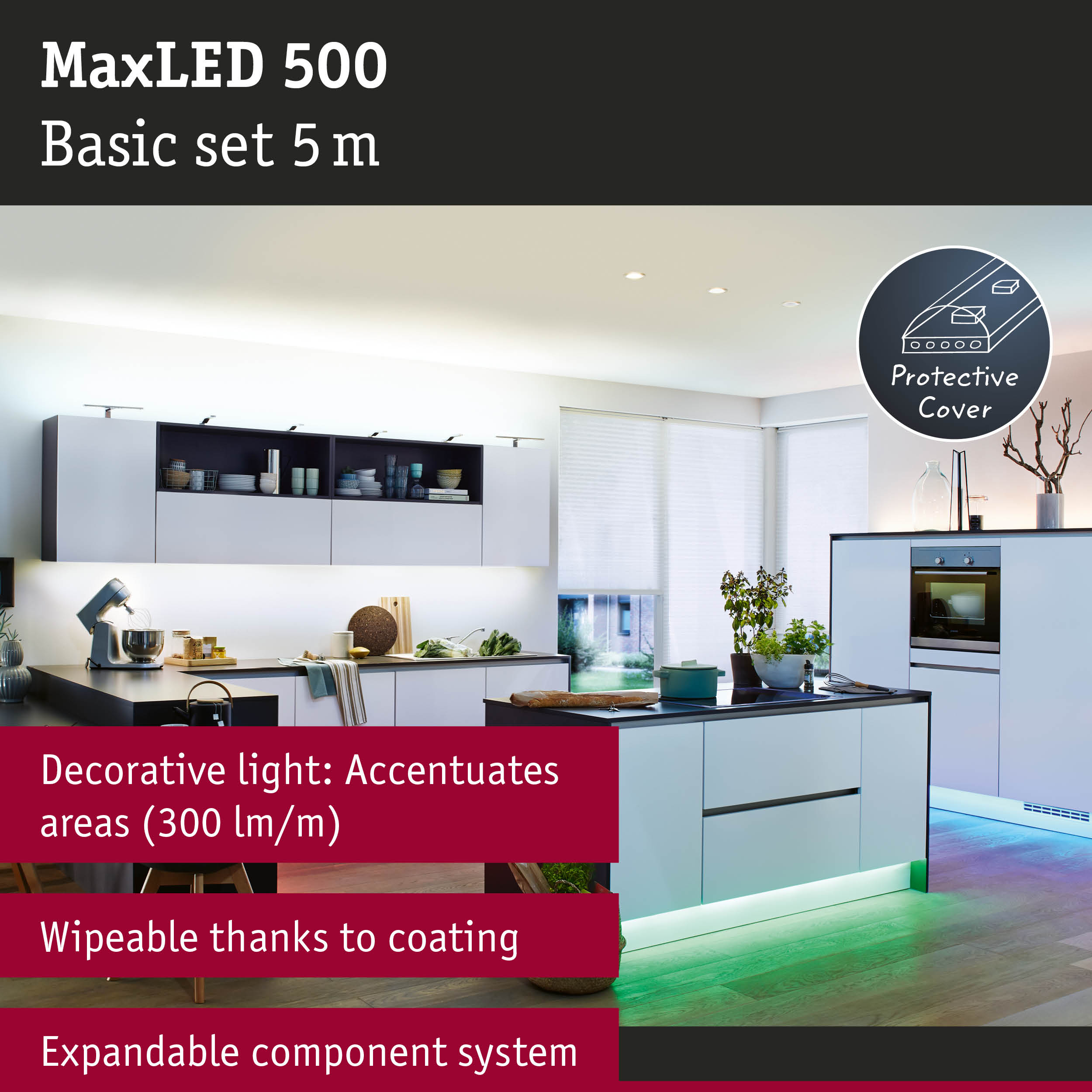 MaxLED 500 LED lighting system with protective cover in modern kitchen featuring accent lighting
