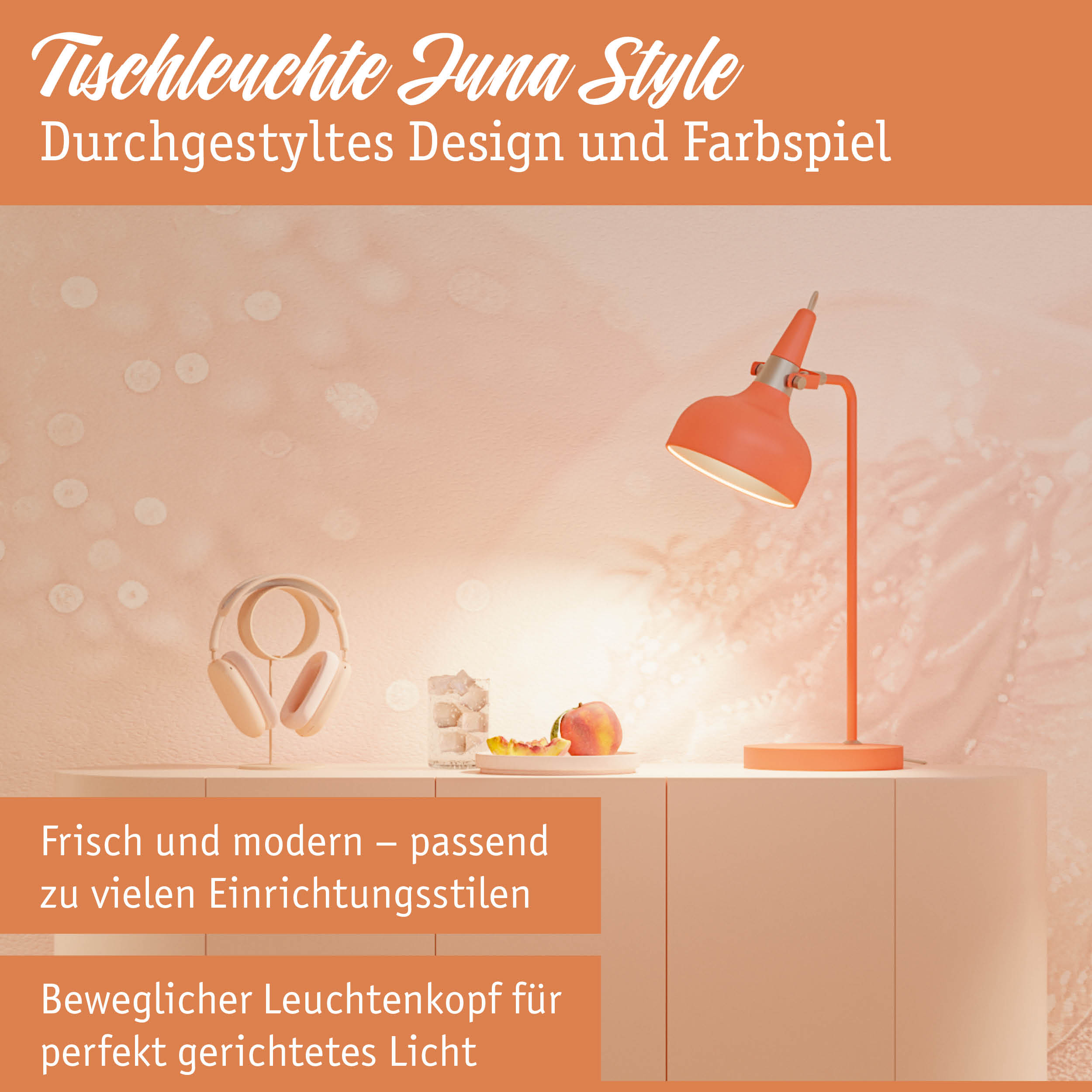 Orangefarbene Tischleuchte aus Metall mit verstellbarem Leuchtenkopf für gezieltes Licht im modernen Design