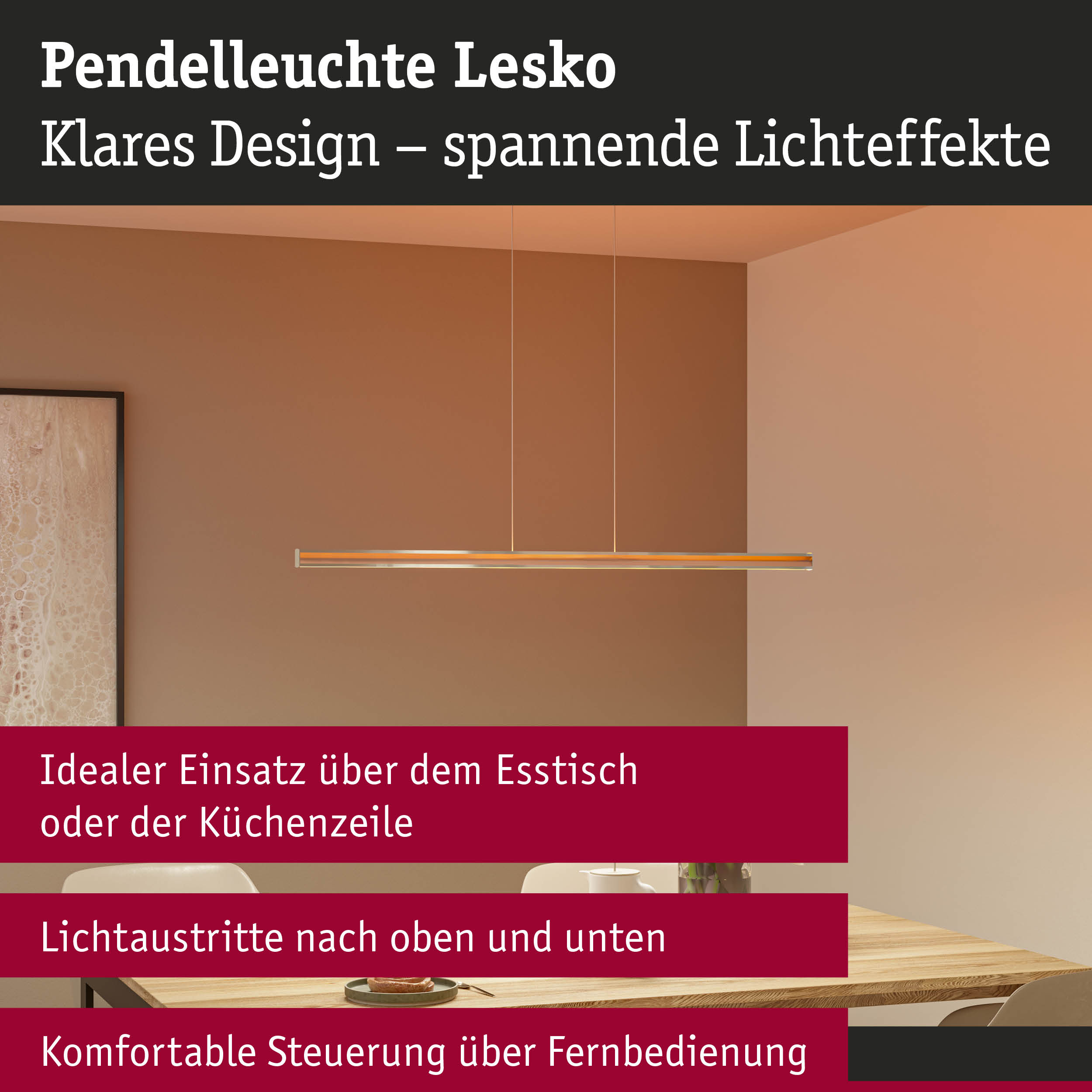Pendelleuchte Lesko in Gold mit klarem Design, ideal für Esszimmer und Küchenbeleuchtung mit Fernbedienung