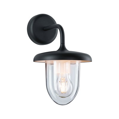 Black metal wall lamp with clear glass and visible LED bulb for outdoor lighting