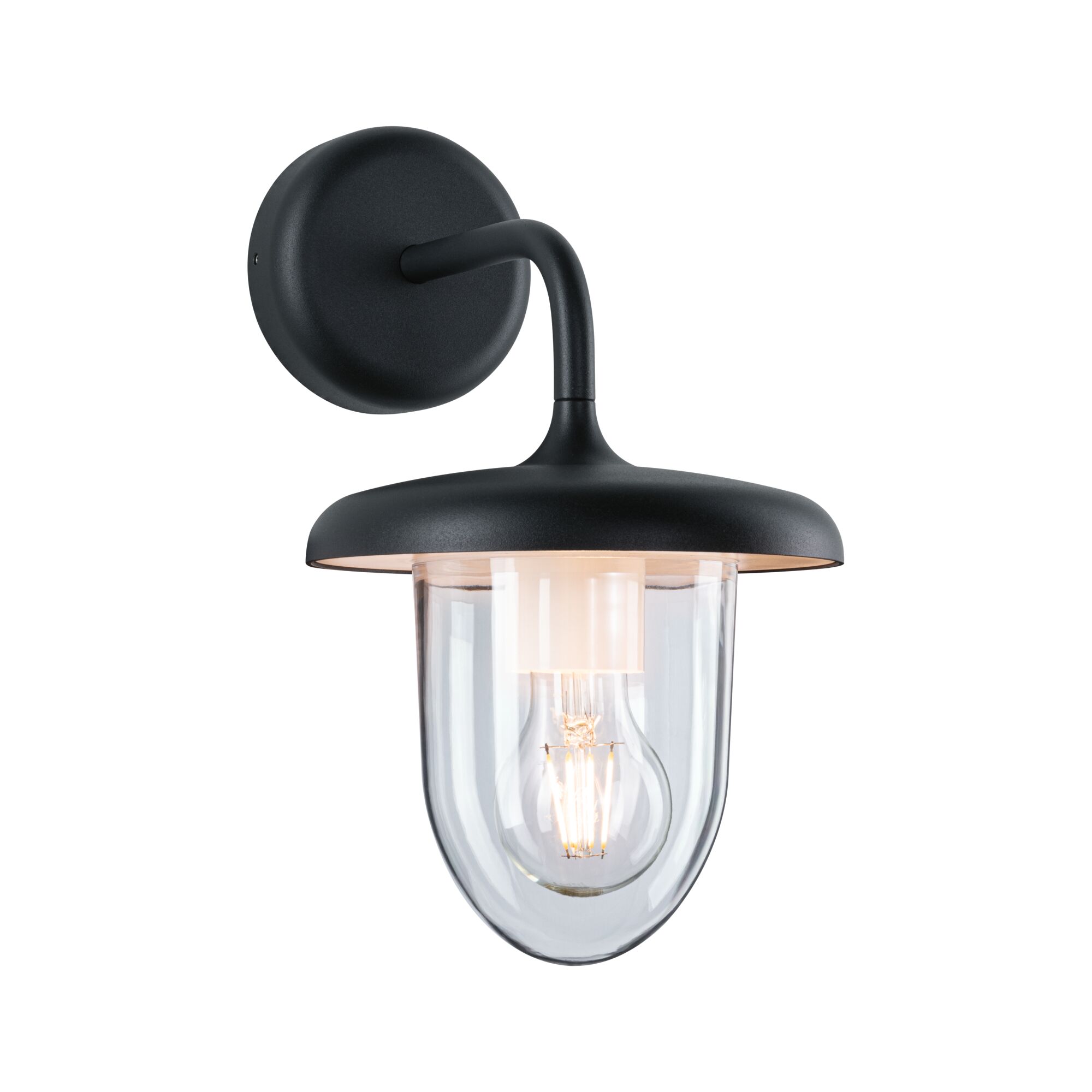 Sort metal væglampe med klart glas og synlig LED-pære til udendørs belysning