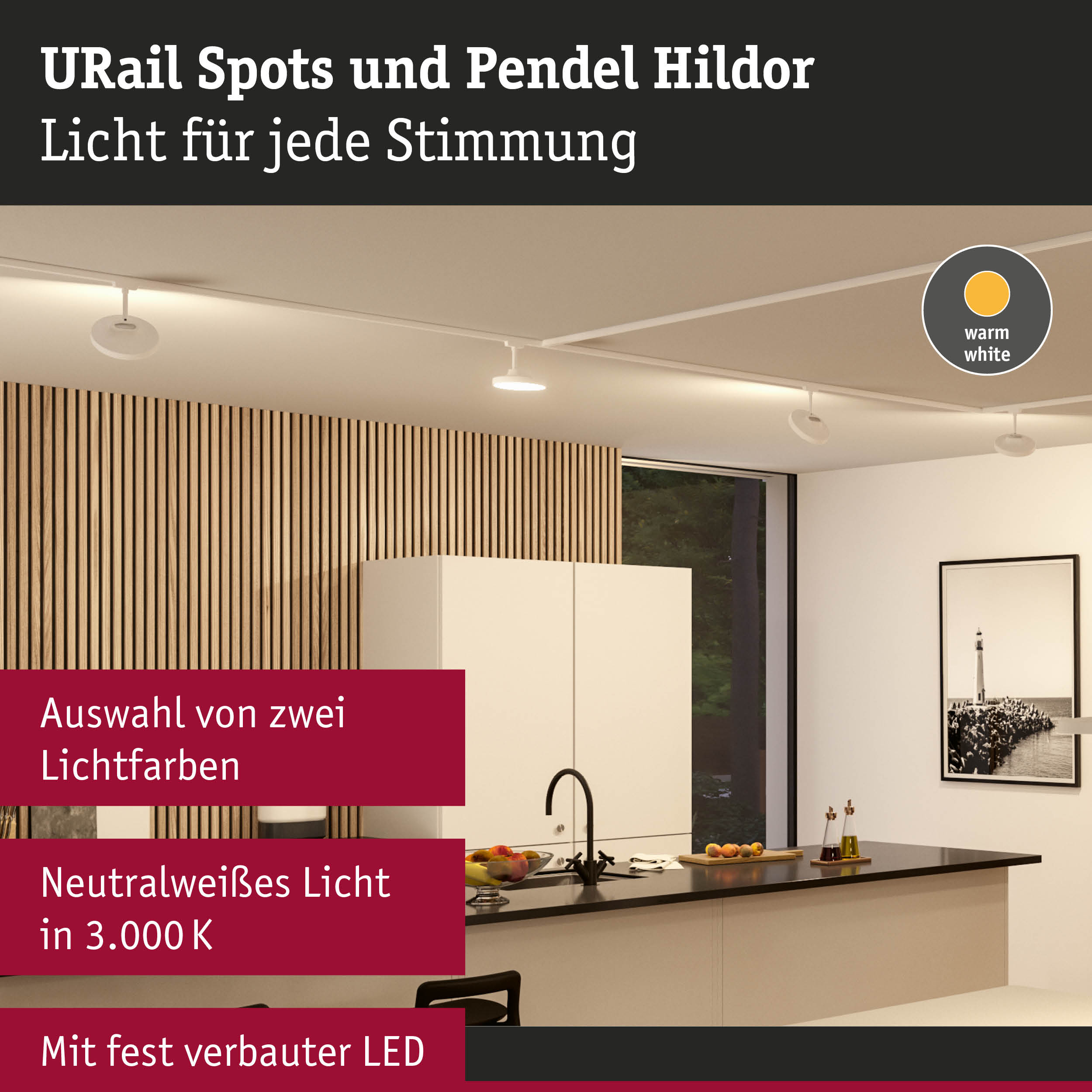 Weiße URail Spots und Pendel Hildor mit warmweißem LED-Licht in moderner Küche mit Holzpaneelen