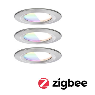 Three round recessed spotlights in brushed aluminum with RGB color change and Zigbee compatibility