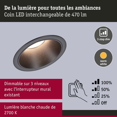 Spot LED encastré gris avec lumière blanc chaud 2700K et gradation 3 niveaux par interrupteur mural