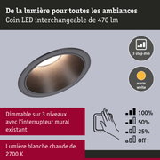 Spot LED encastré gris avec lumière blanc chaud 2700K et fonction dimmable 3 niveaux