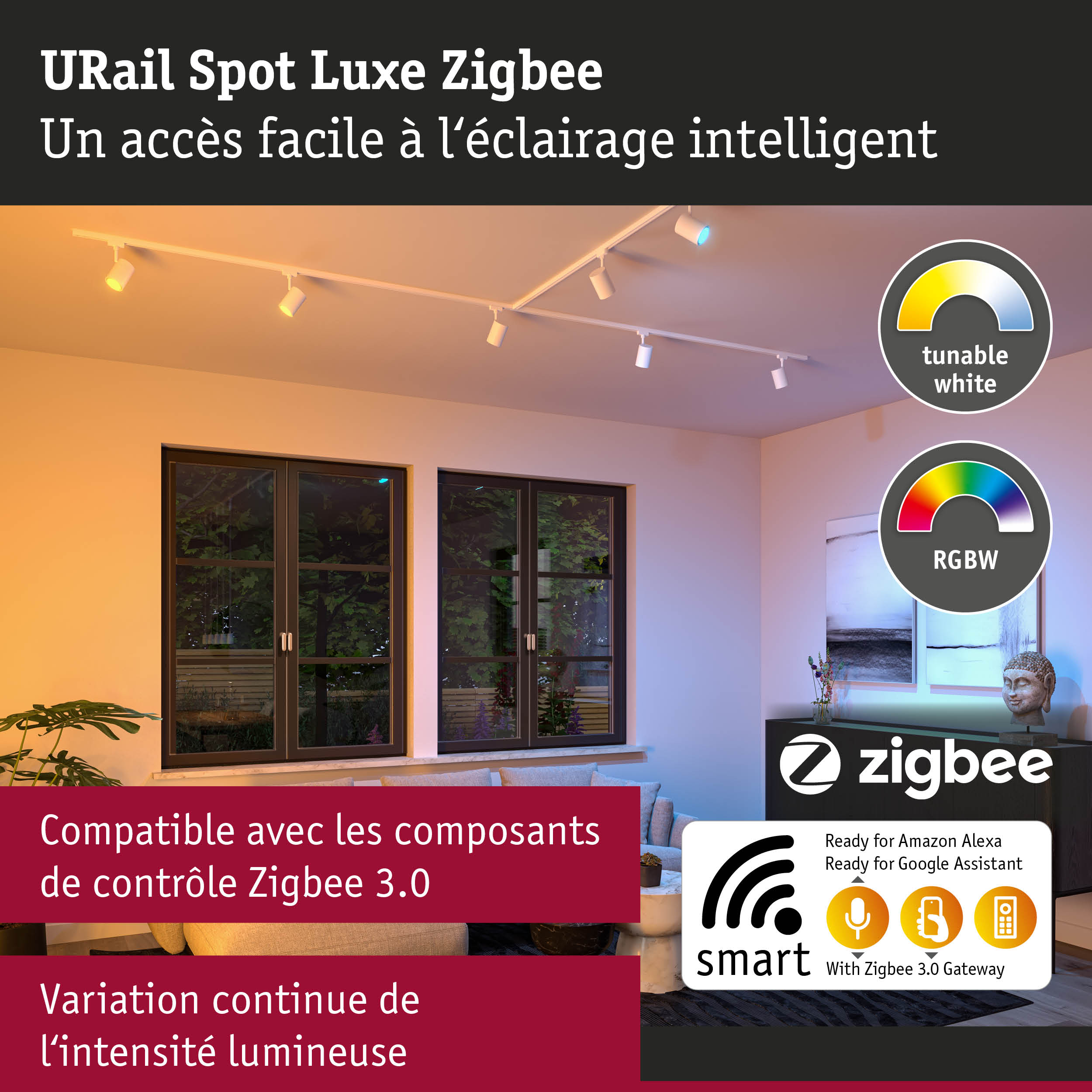 Spot LED blanc URail Spot Luxe Zigbee avec lumière blanche réglable et contrôle intelligent Zigbee 3.0