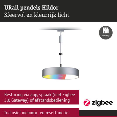 Moderne zilveren pendel Hildor met kleurrijk licht en Zigbee bediening via app of spraak