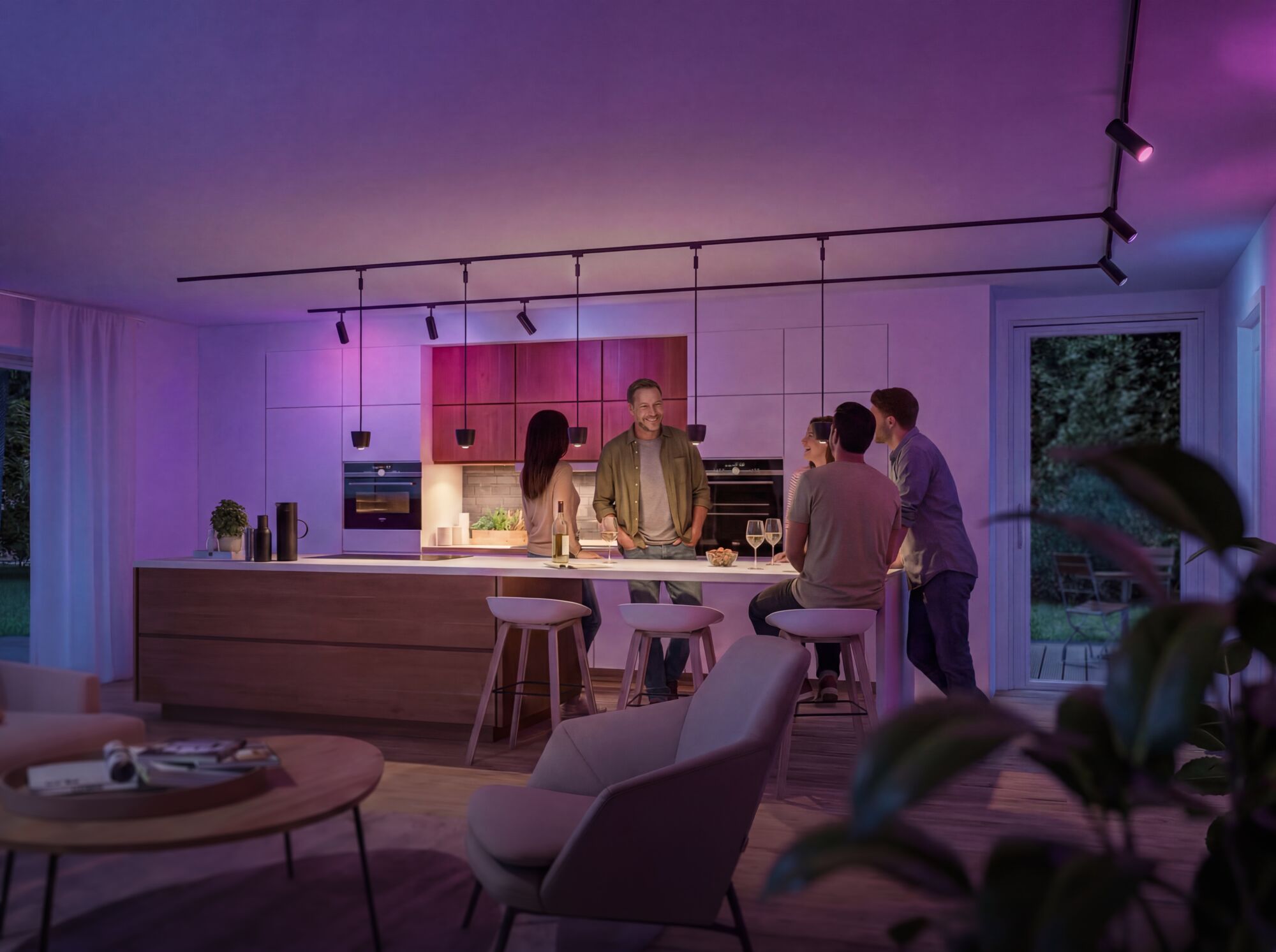 Modern kitchen with wooden cabinets and smart LED ceiling lights in warm and purple tones
