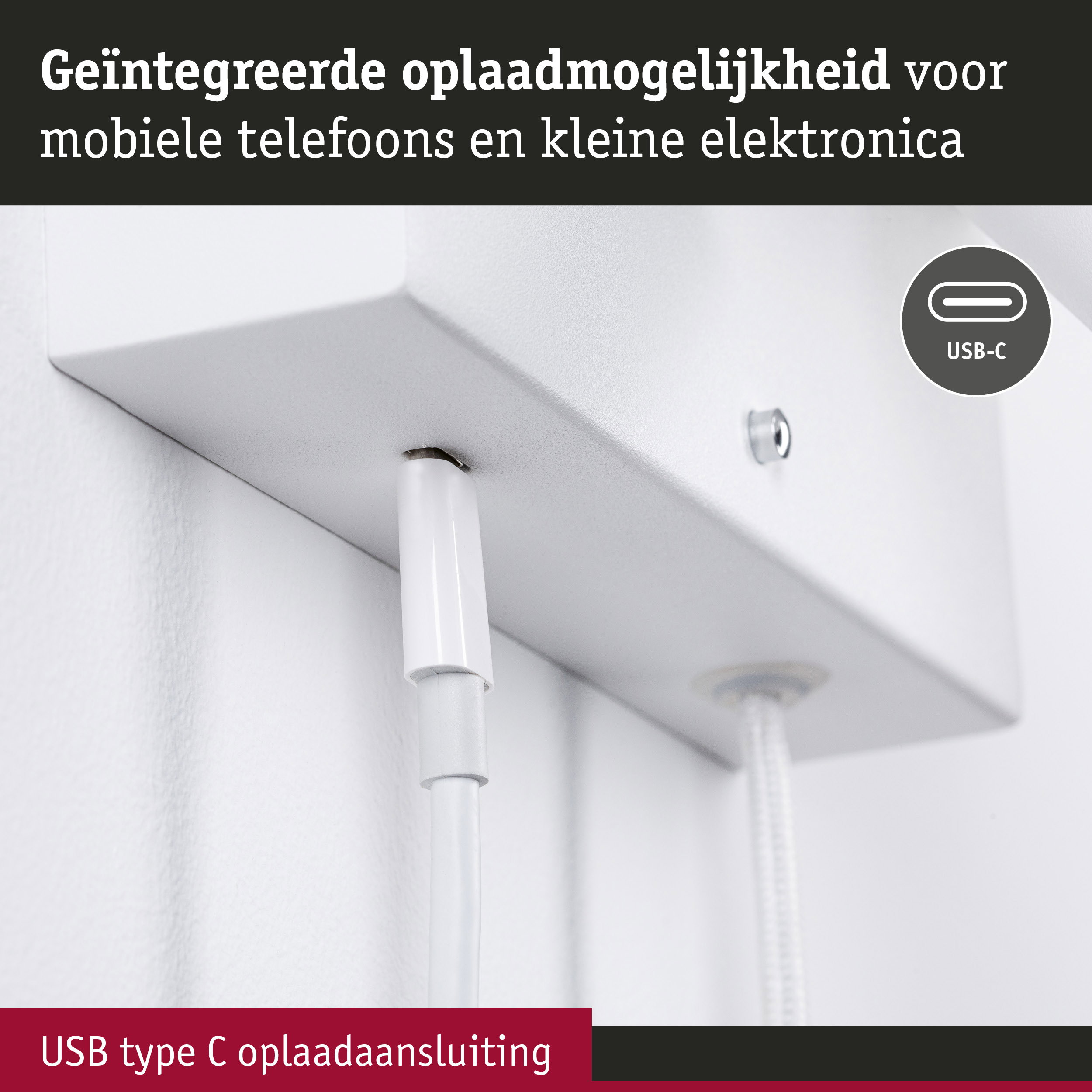 Witte wandbeugel met geïntegreerde USB-C aansluiting voor mobiel opladen en kleine elektronica