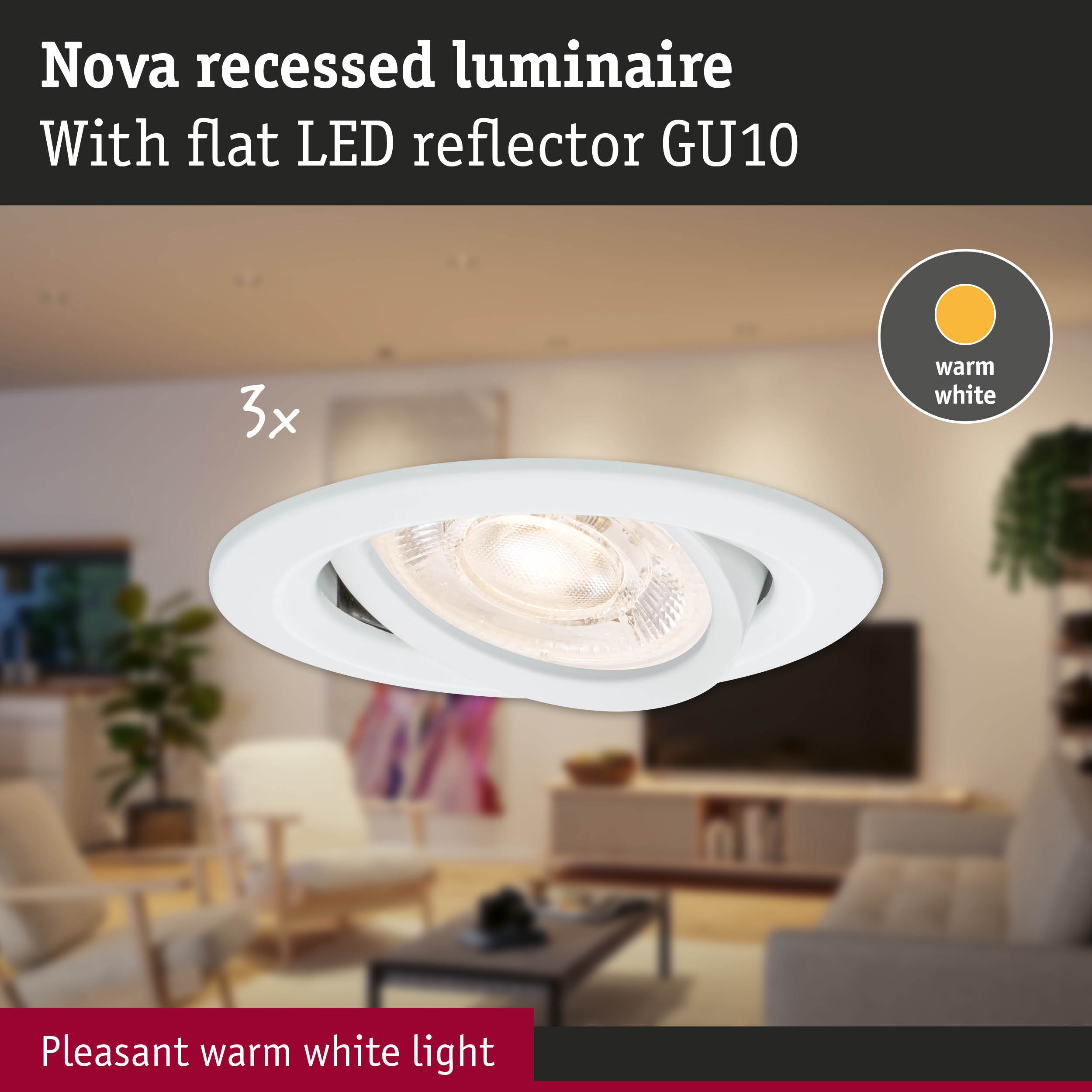 Nova white recessed luminaire with flat LED reflector GU10 and pleasant warm white light